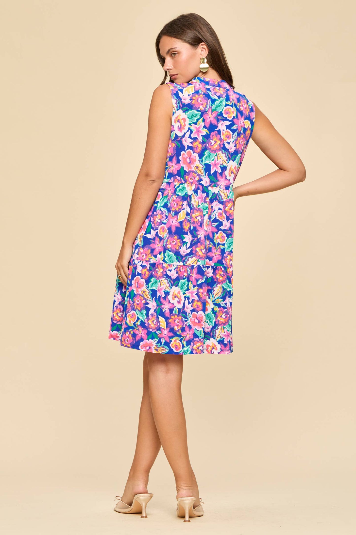 Wrinkle-Free Floral Print Lizzy Tiered Dress: Royal Blue