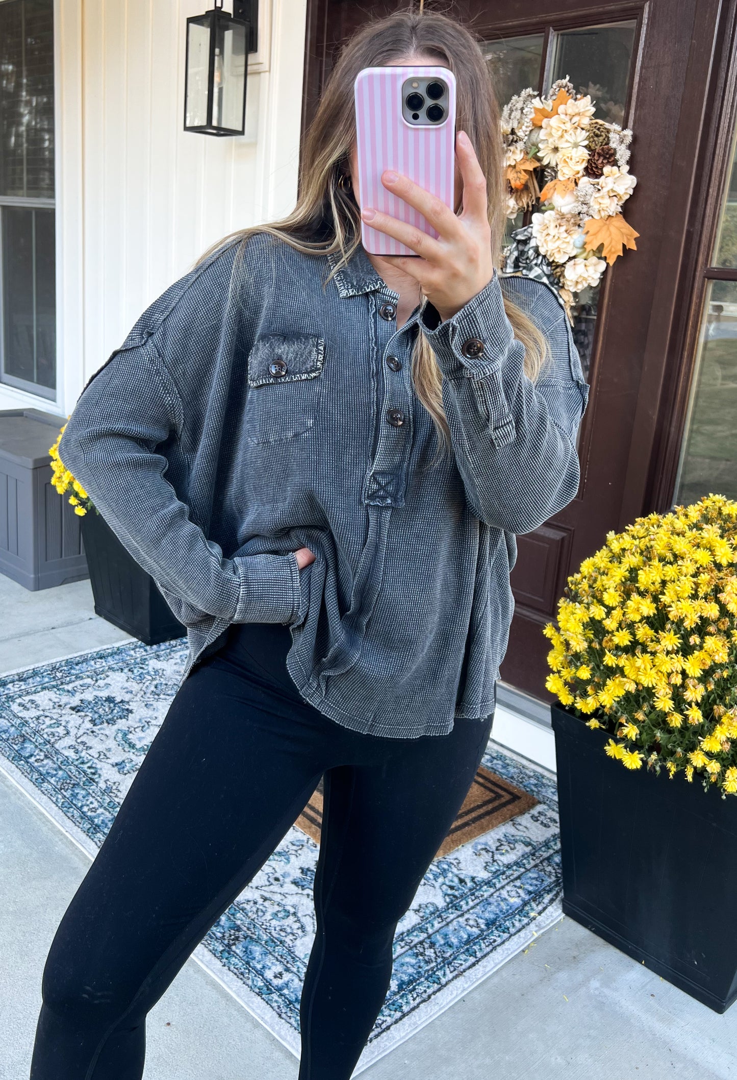 Acid Wash Henley Top