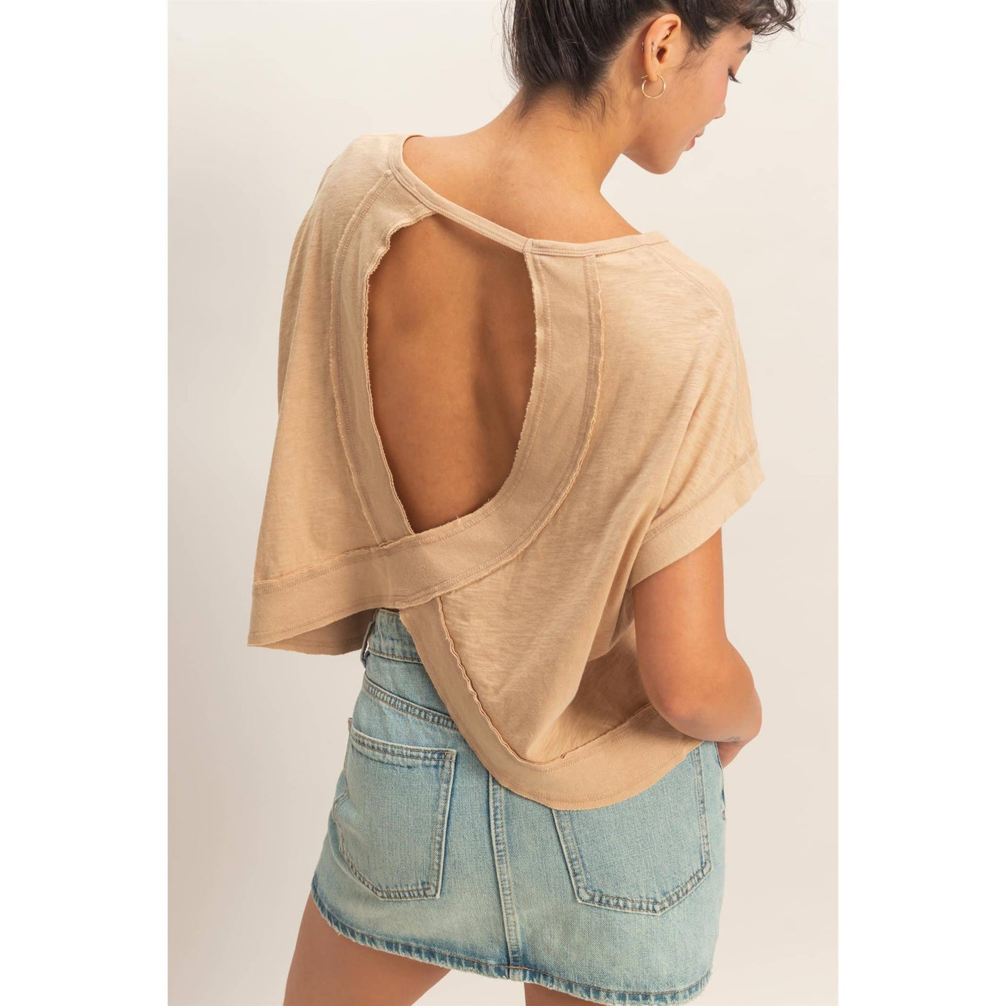 Acid Washed Cross Detail Open Back Top: Taupe