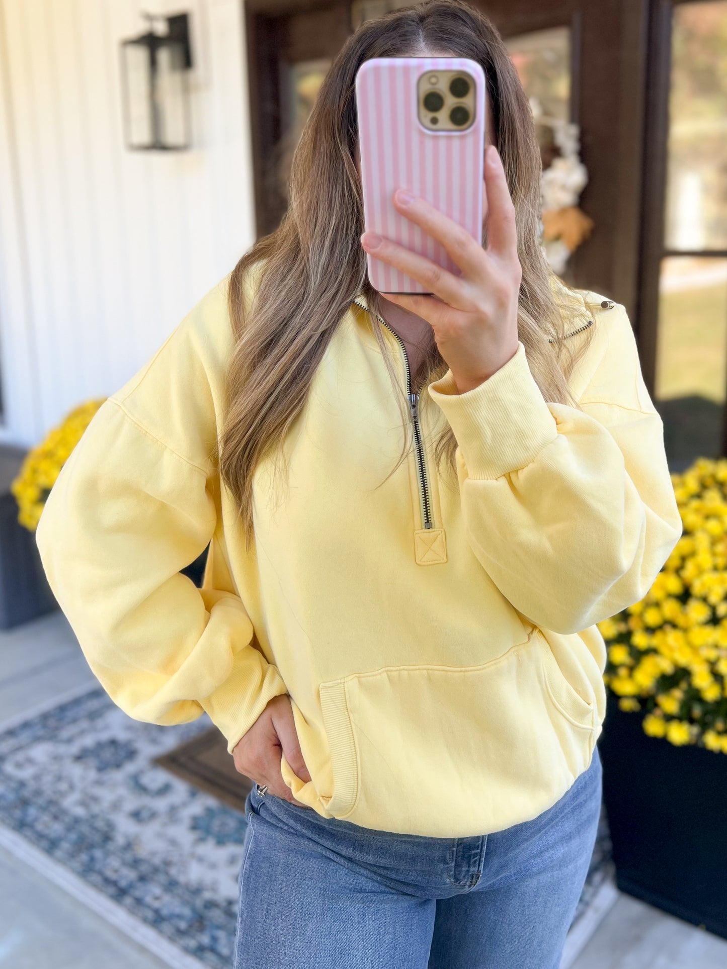 Nicole Hooded Half Zip Pullover - Lemon
