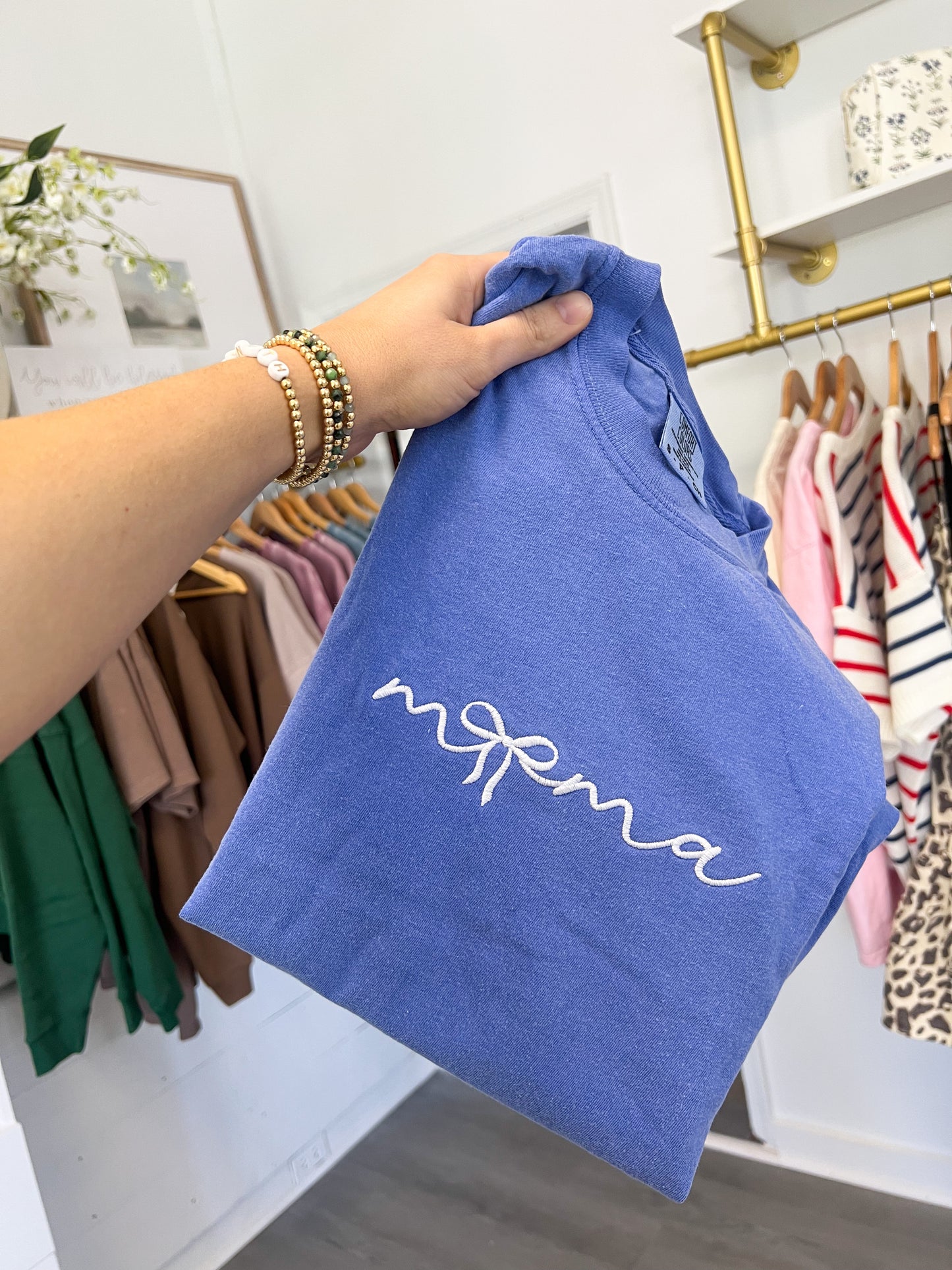 Mama Bow Blue Embroidery Graphic Tee