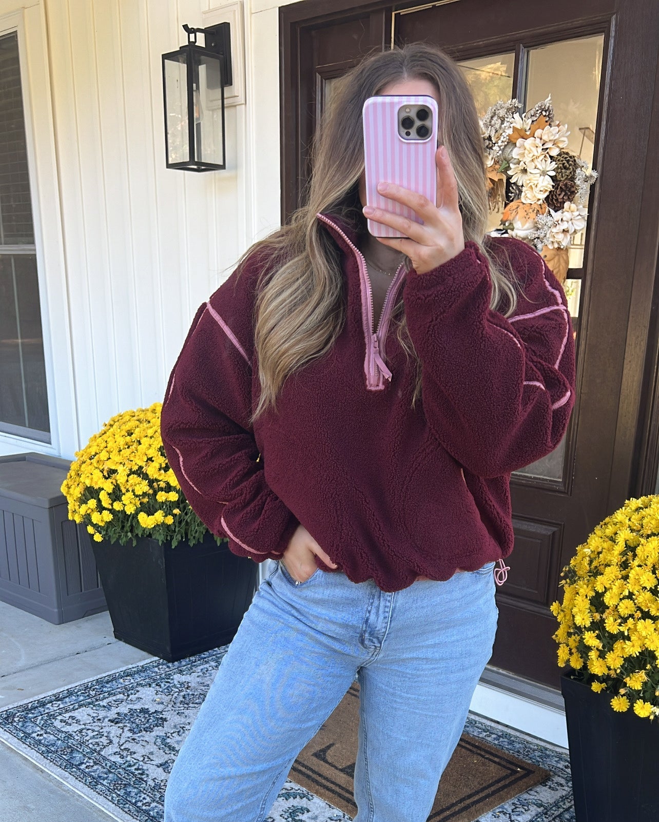 Sutton Sherpa Pullover - Maroon/Pink