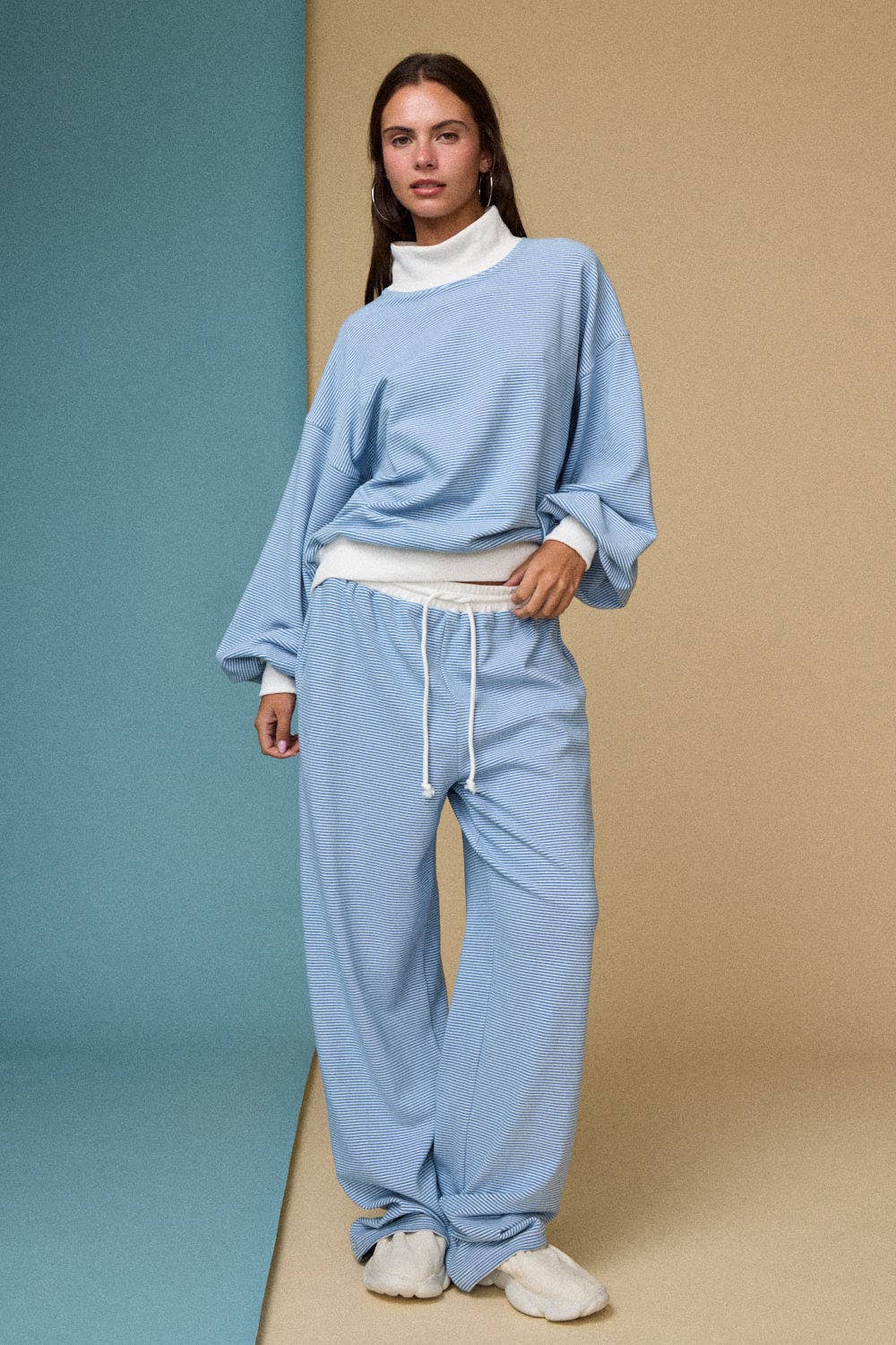 Mock neck Stripe Lounge Set: Blue