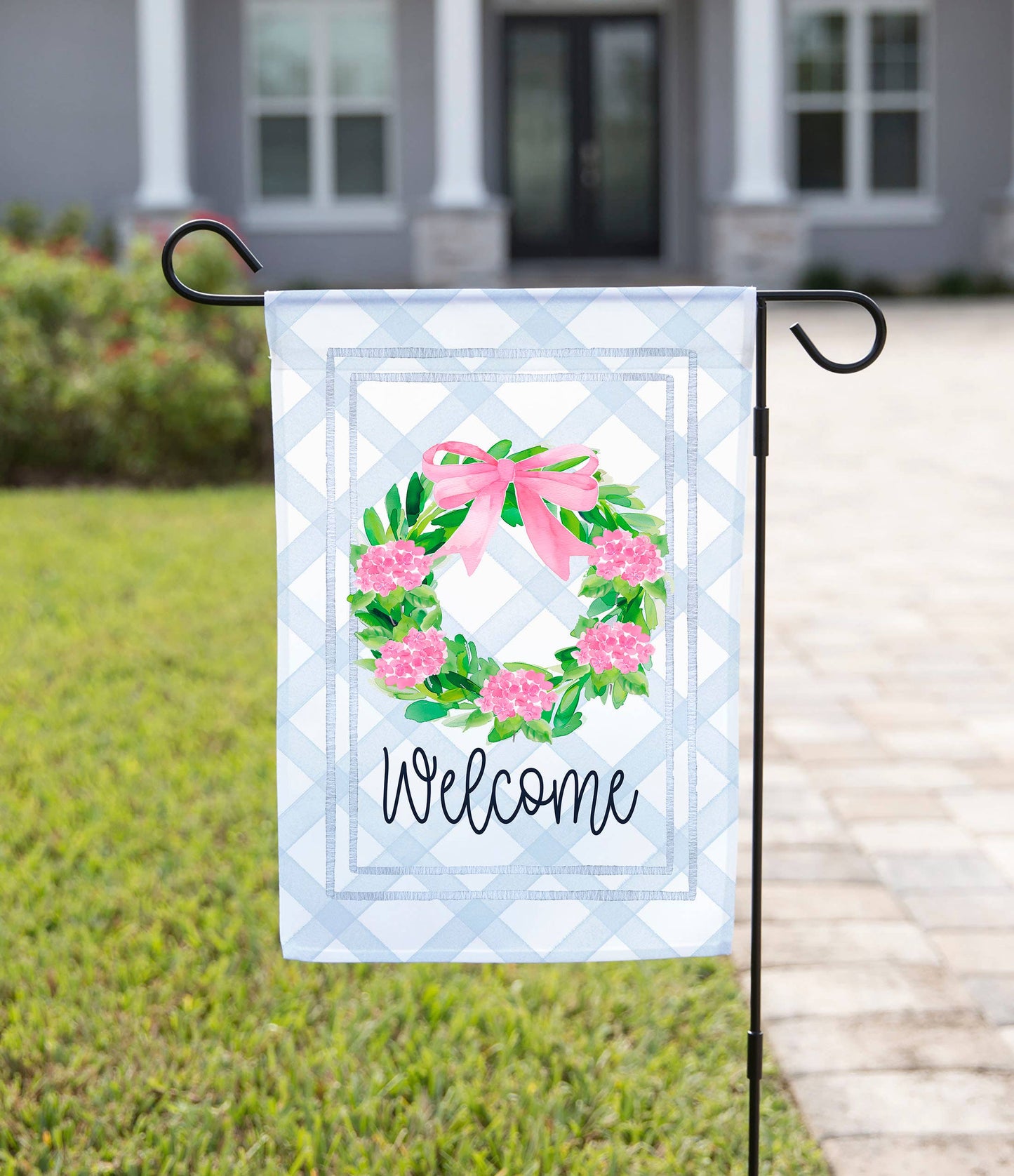 Pink Bow Wreath Garden Flag: