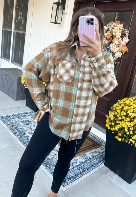 Sage/Brown Raw Hem Flannel