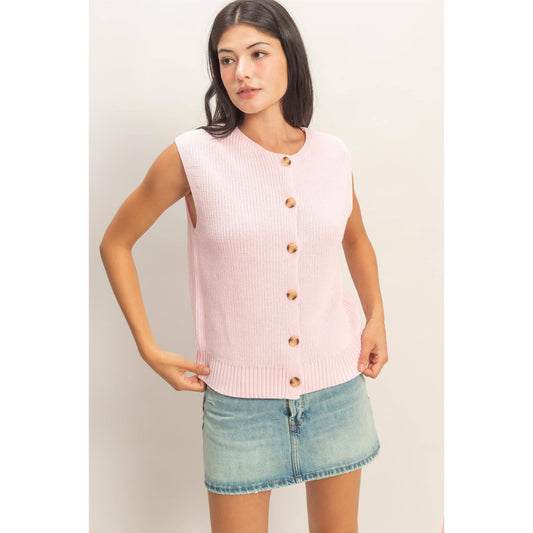 Sleeveless Button-Up Ribbed Vest: Soft Pink
