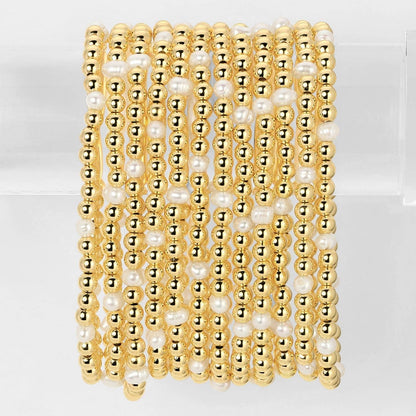 4mm Bead & Pearl Stretch Bracelet: Gold