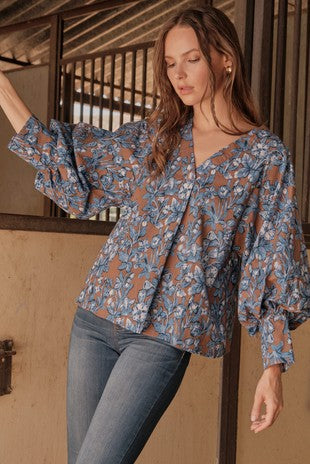 Floral Print Balloon Sleeve Top