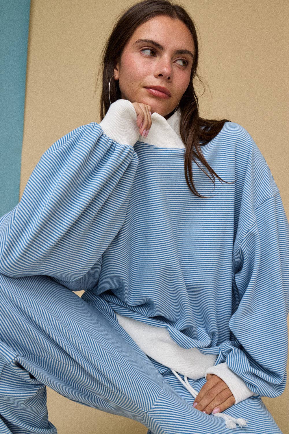 Mock neck Stripe Lounge Set: Blue