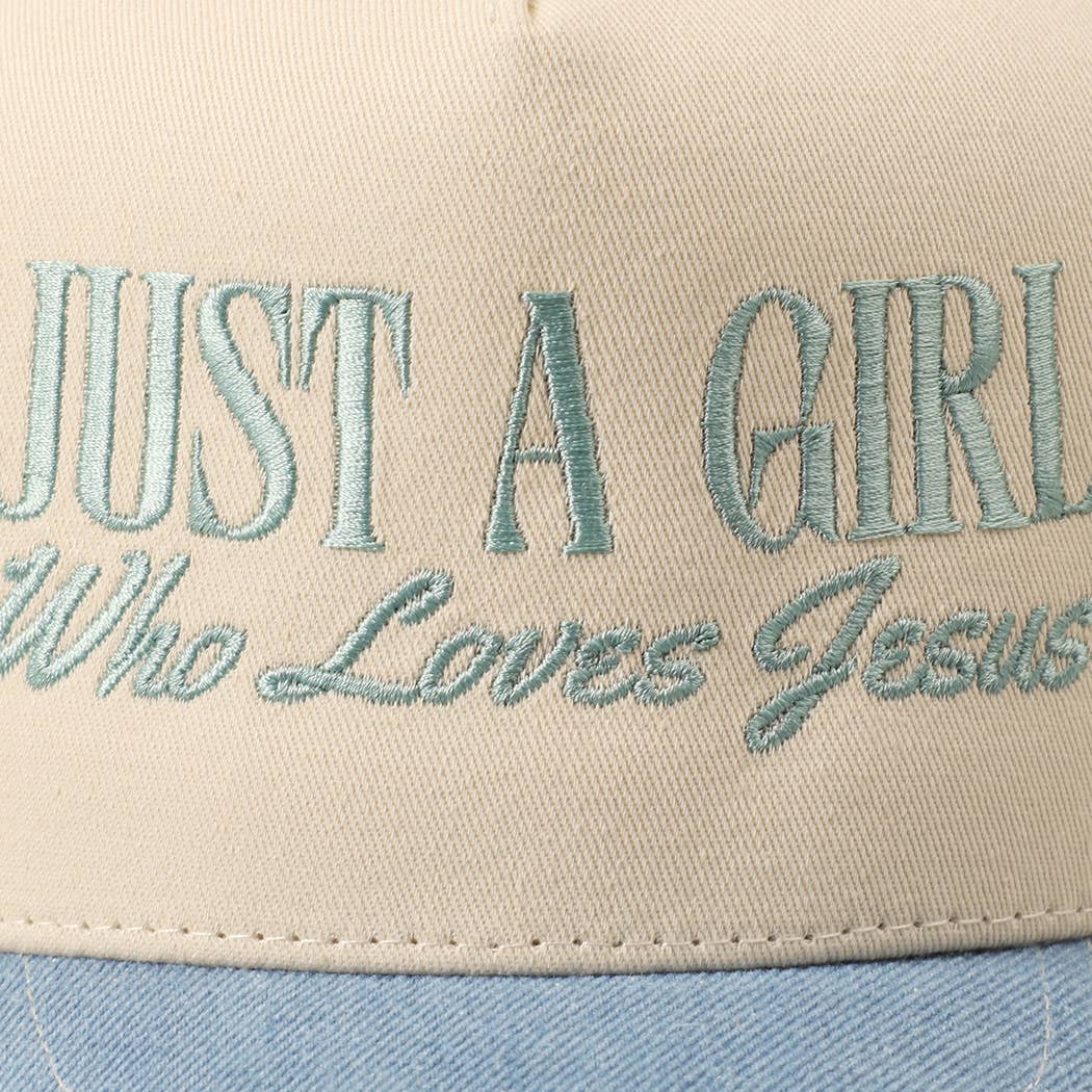 Just A Girl Who Loves Jesus Embroidery Trucker Hat: Light Denim