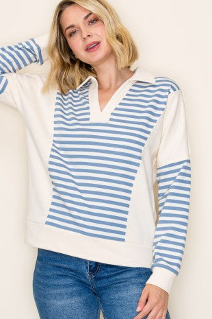 Polo Collar Stripe Blocked Sweatshirt