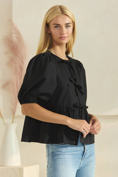 Solid Cotton Poplin Front Tie Ribbon Blouse: Black