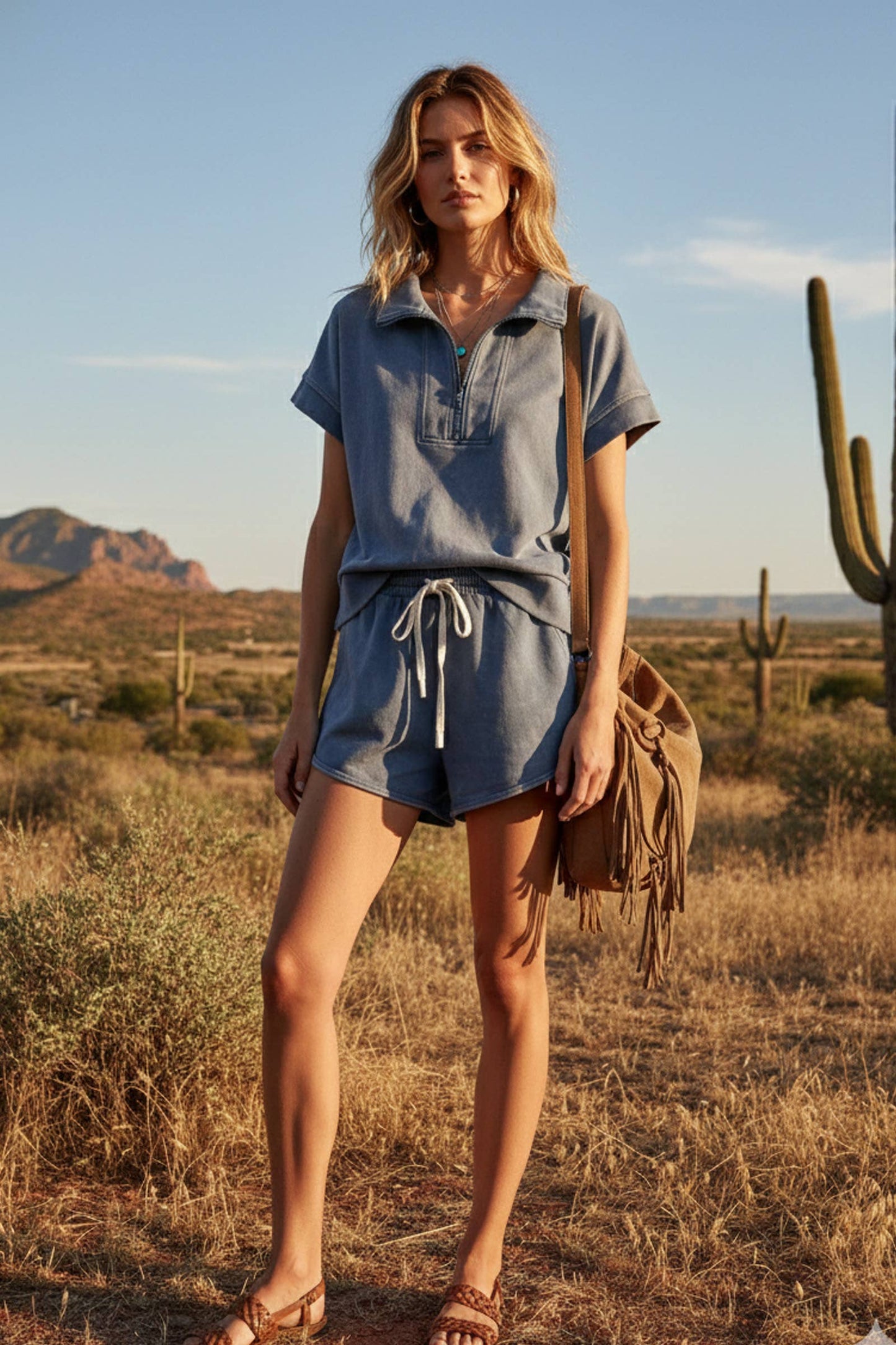 Mineral Washed Scuba Half-Zip Top and Shorts Set