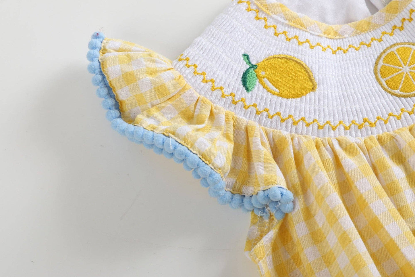 Yellow Gingham Lemon Smocked Flutter Romper