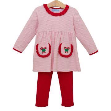 Candy Cane Embroidered Ruffle Pants Set