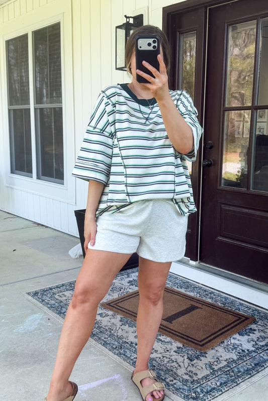 Striped Oversized Short Sleeve Knit Top: Green/Cream