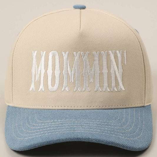 MOMMIN' Letter Embroidery Two-Tone Trucker Hat: LIGHT DENIM