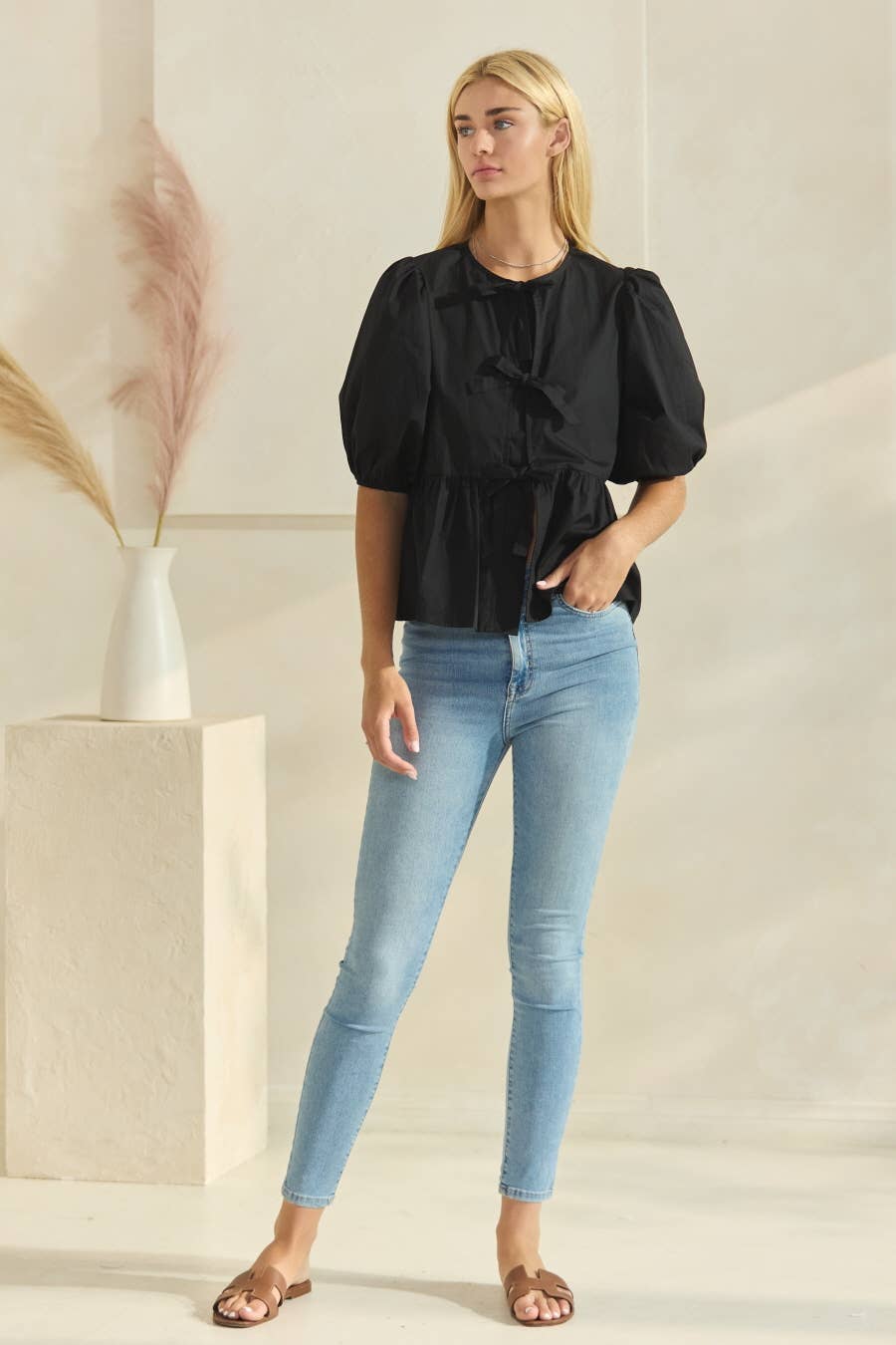Solid Cotton Poplin Front Tie Ribbon Blouse: Black