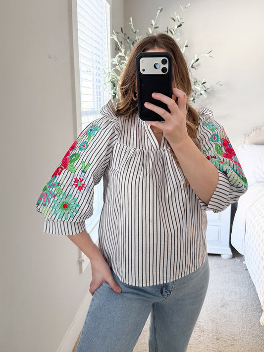 Stitched in Bloom Puff Sleeve Blouse