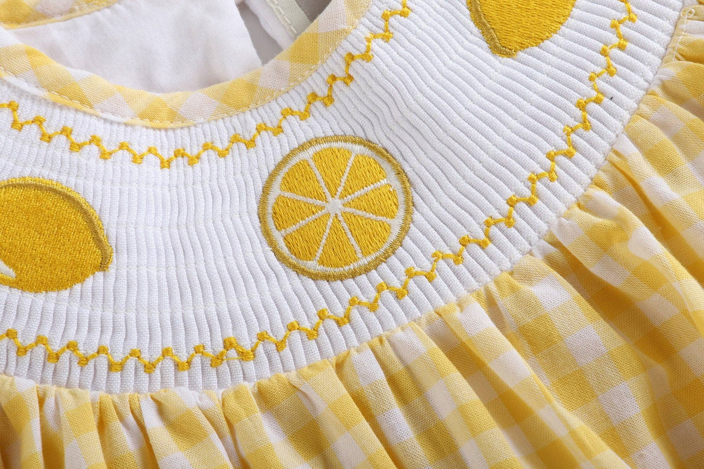 Yellow Gingham Lemon Smocked Flutter Romper