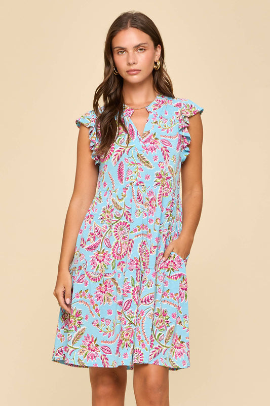 Flutter Sleeve Tiered Forever Dress: Aqua/Pink