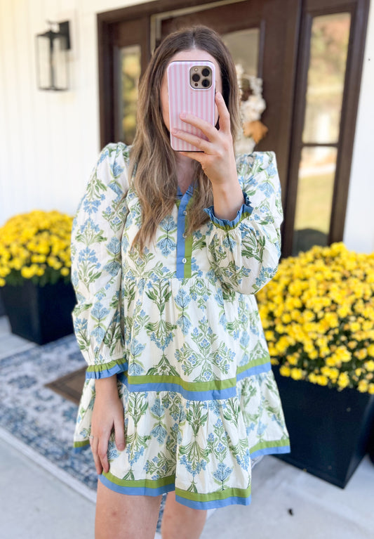 Bright Blossoms Mini Dress - Blue Green