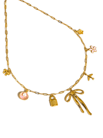 Tyla Bow Charm Necklace: Yellow Gold