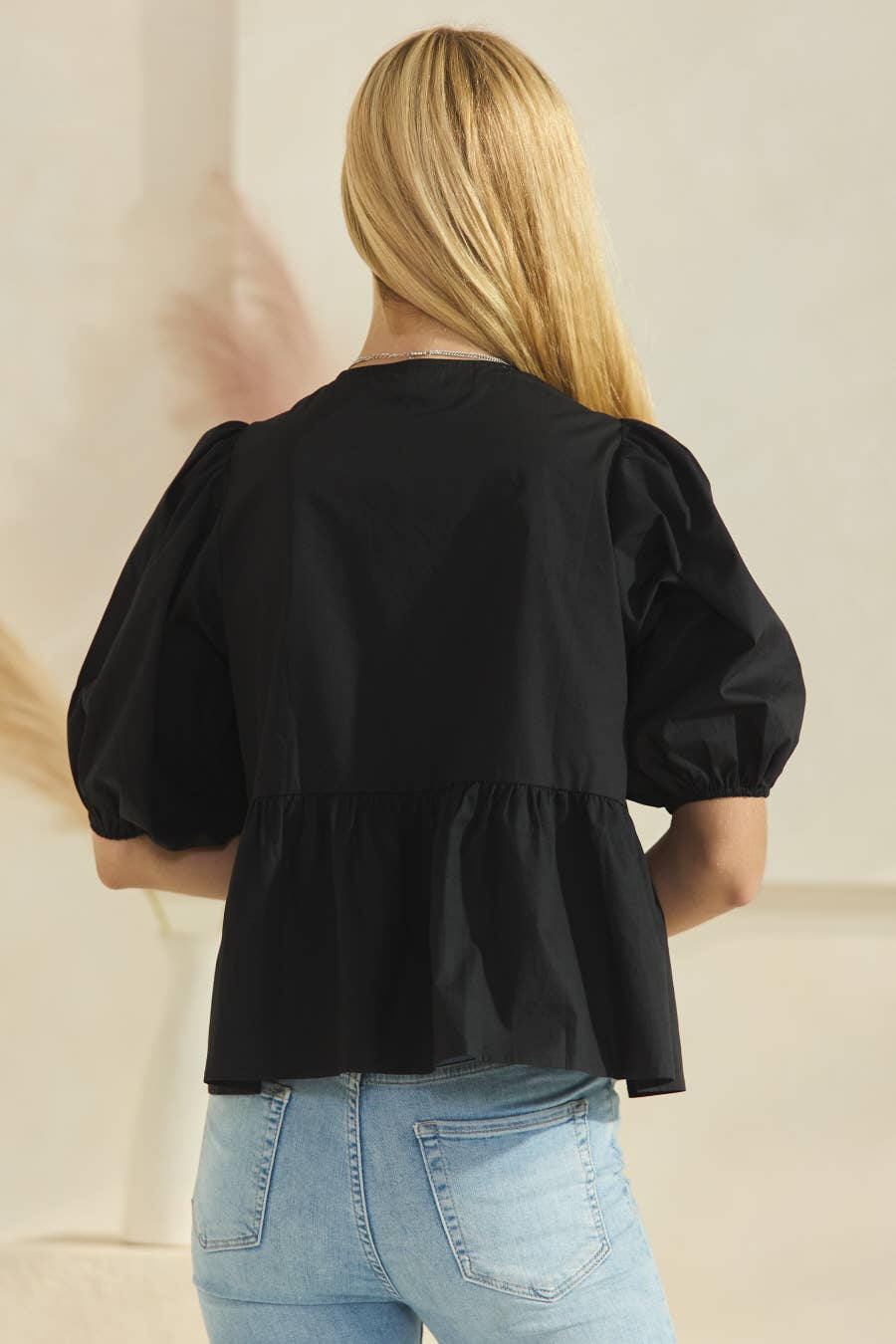 Solid Cotton Poplin Front Tie Ribbon Blouse: Black