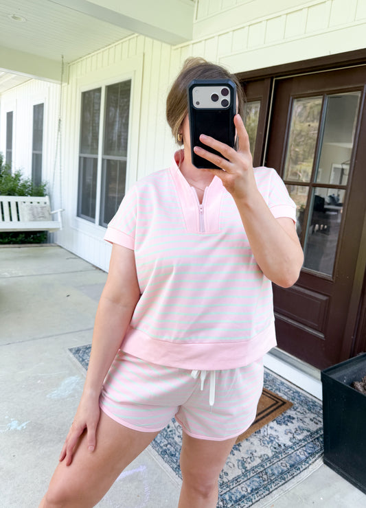 Half Zip Stripe Shorts Set: Pink/Green