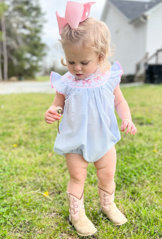 Blue Seersucker Bow Smocked Flutter Romper