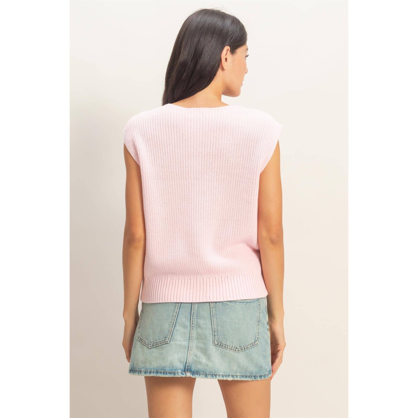 Sleeveless Button-Up Ribbed Vest: Soft Pink