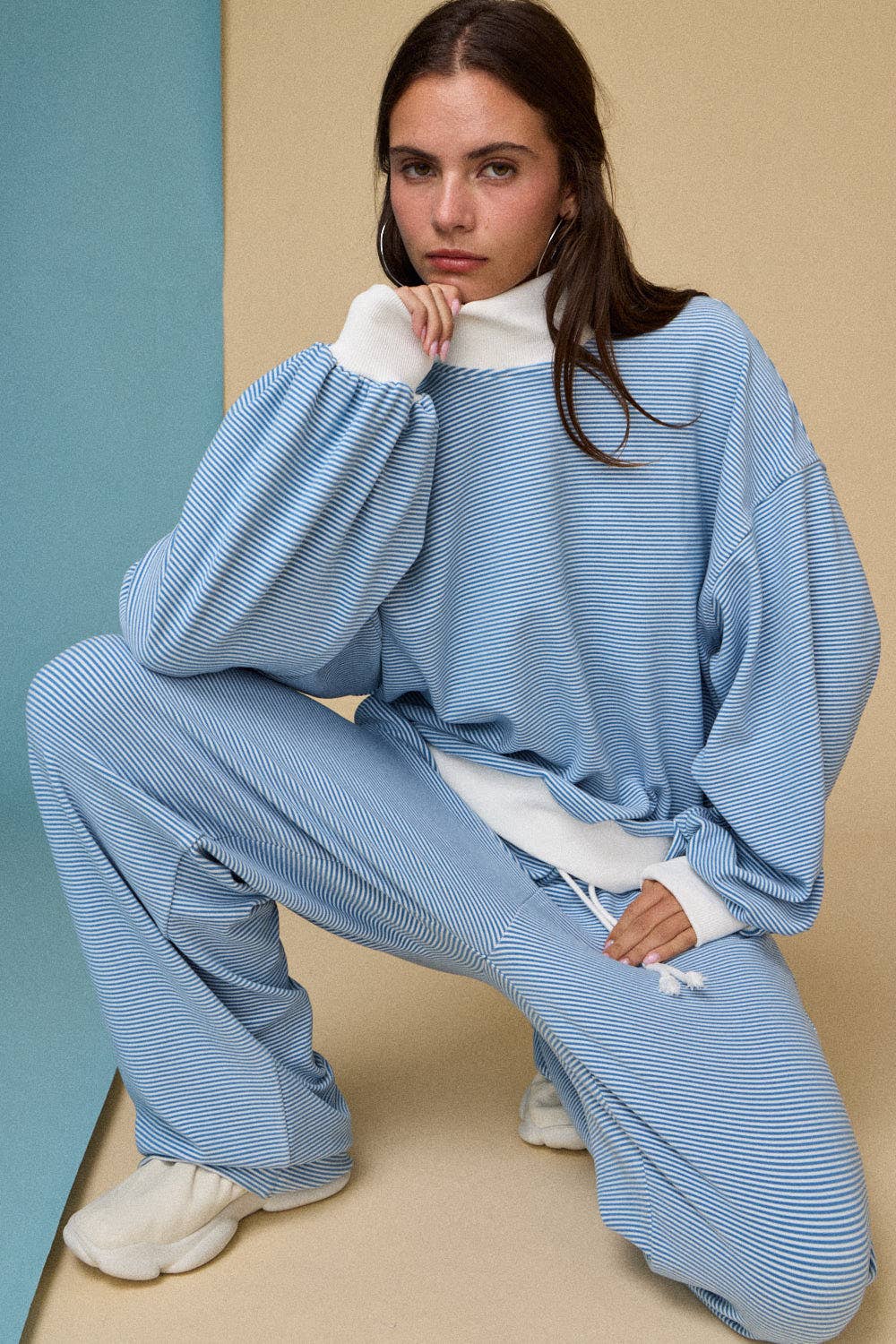 Mock neck Stripe Lounge Set: Blue