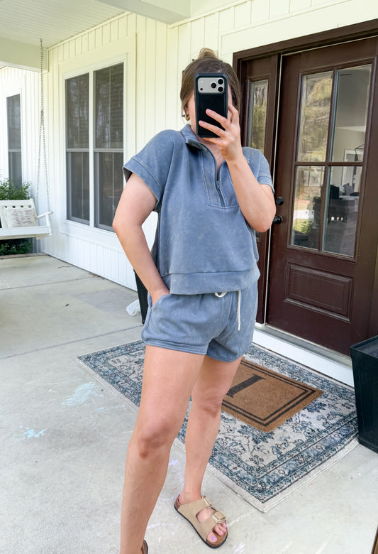 Mineral Washed Scuba Half-Zip Top and Shorts Set