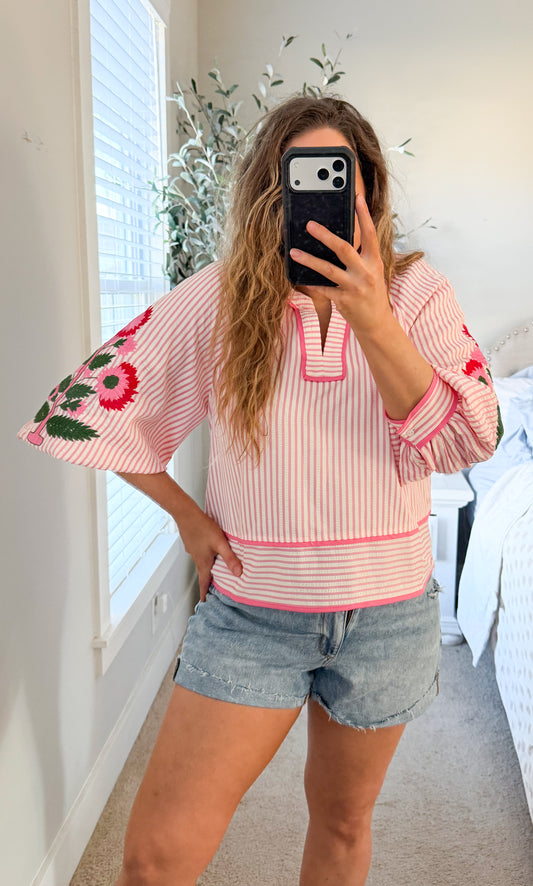 Smell the Flowers Embroidered Sleeve Top
