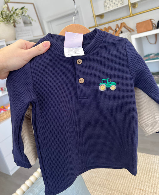 Boys Tractor Waffle Knit Henley