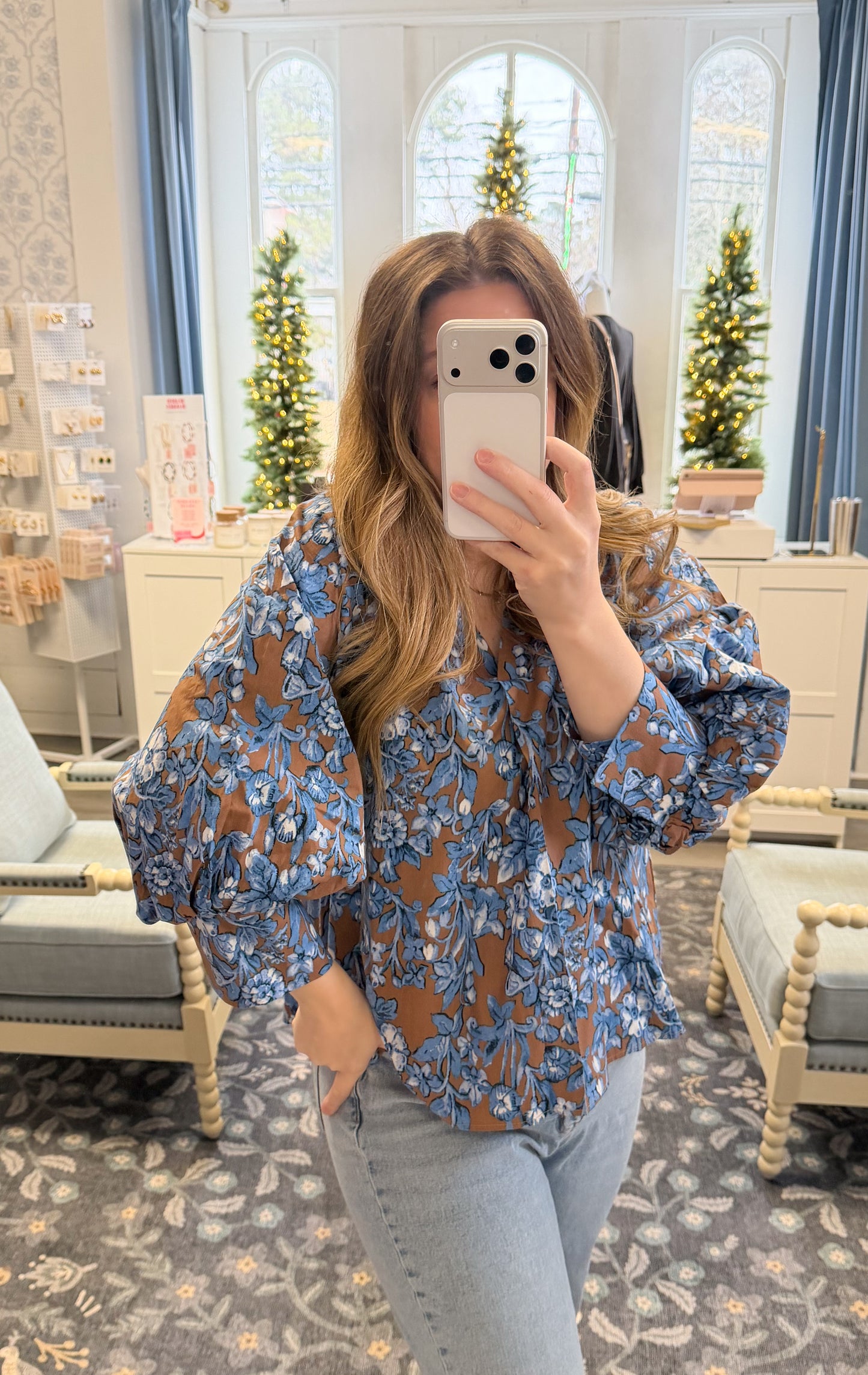 Floral Print Balloon Sleeve Top