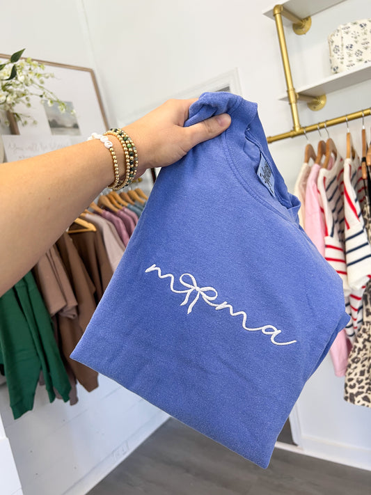 Mama Bow Blue Embroidery Graphic Tee