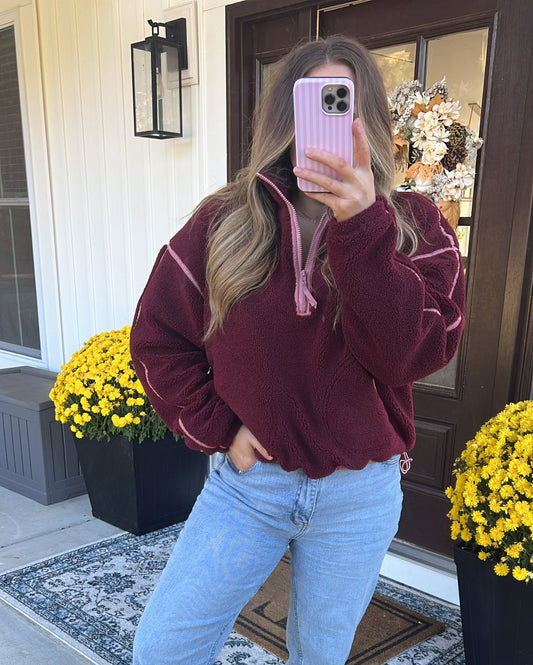 Sutton Sherpa Pullover - Maroon/Pink