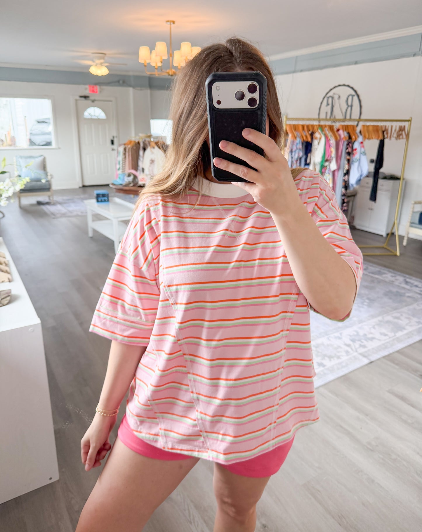 Striped Oversized Short Sleeve Knit Top: Pink