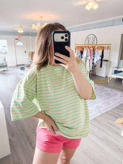 Striped Oversized Short Sleeve Top: Green