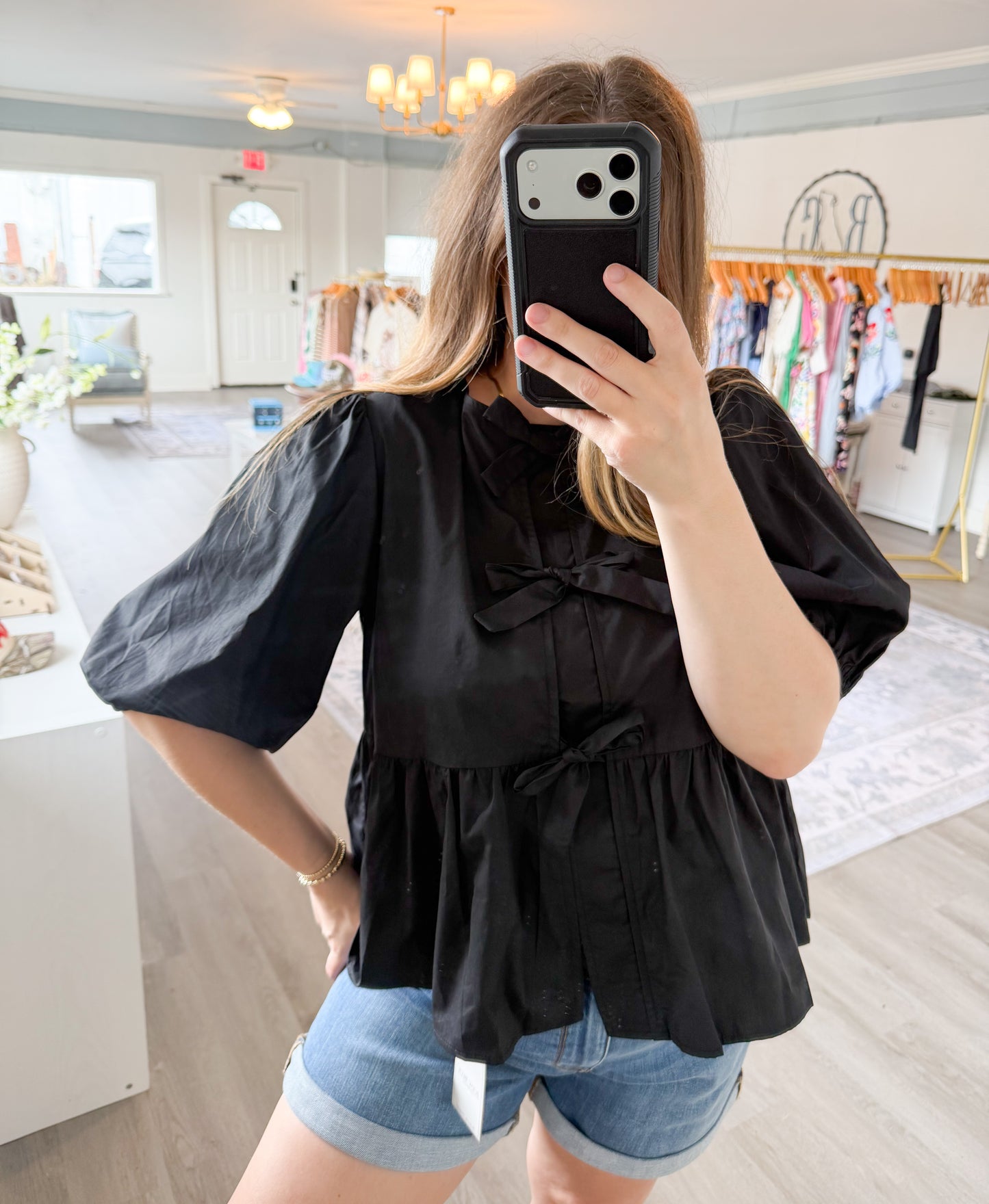 Solid Cotton Poplin Front Tie Ribbon Blouse: Black