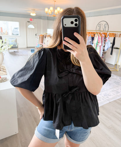 Solid Cotton Poplin Front Tie Ribbon Blouse: Black