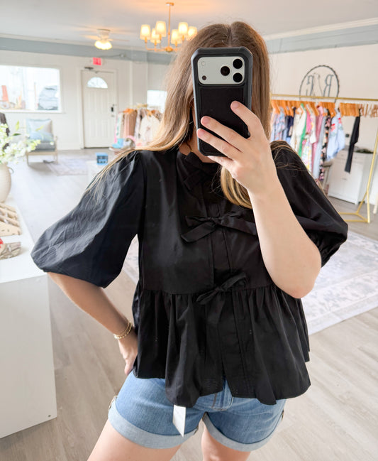 Solid Cotton Poplin Front Tie Ribbon Blouse: Black