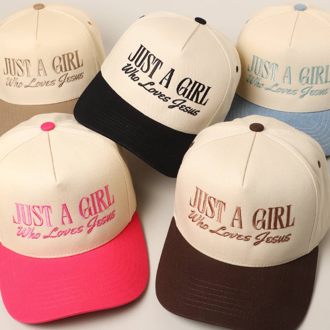 Just A Girl Who Loves Jesus Embroidery Trucker Hat: Light Denim