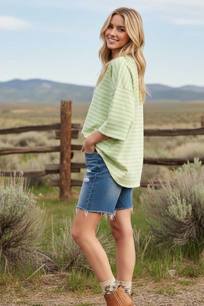 Striped Oversized Short Sleeve Top: Green