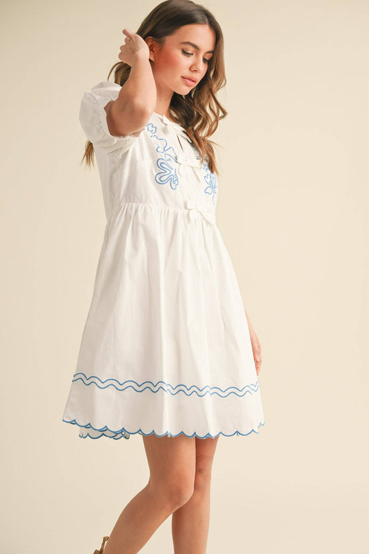 FLORAL EMBROIDERY BOW DETAIL MINI DRESS