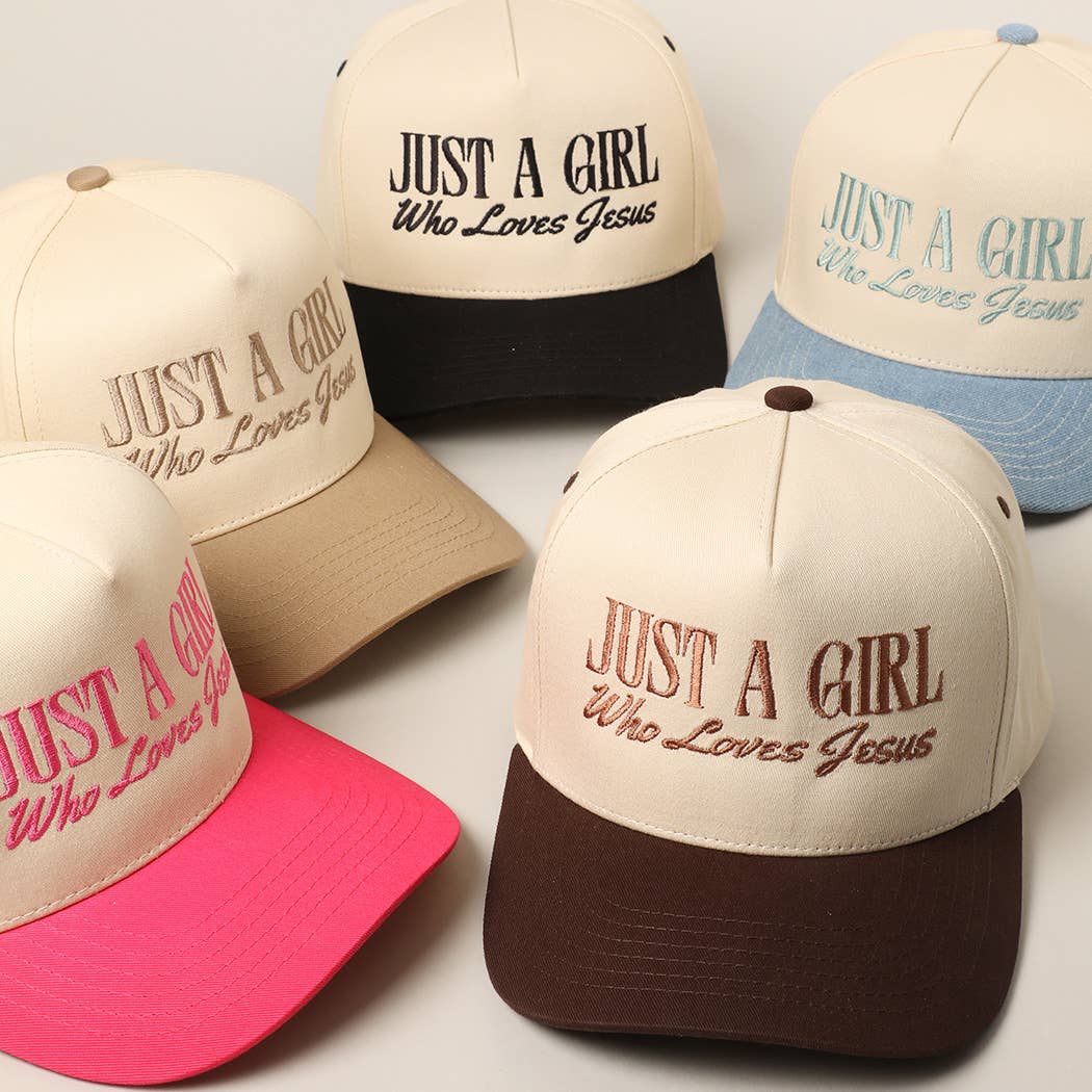 Just A Girl Who Loves Jesus Embroidery Trucker Hat: Light Denim