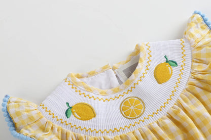 Yellow Gingham Lemon Smocked Flutter Romper