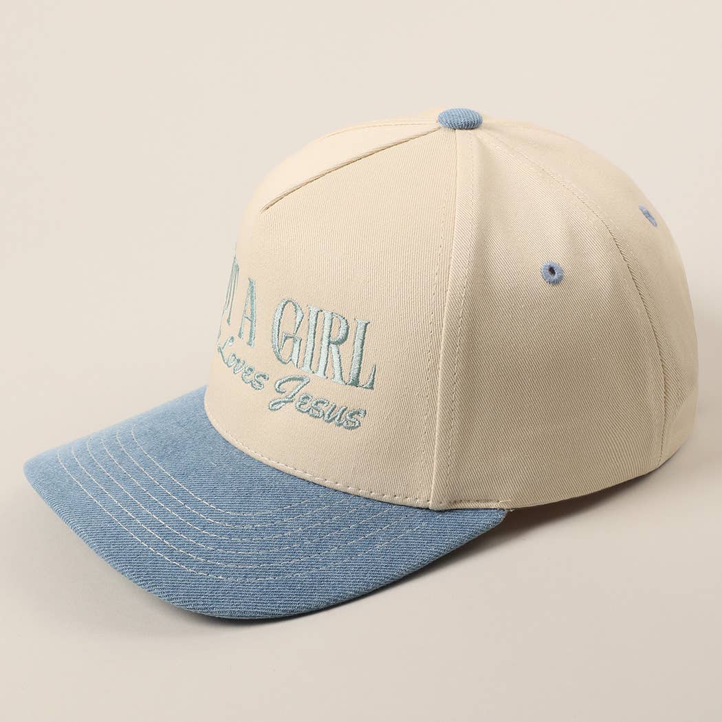 Just A Girl Who Loves Jesus Embroidery Trucker Hat: Light Denim
