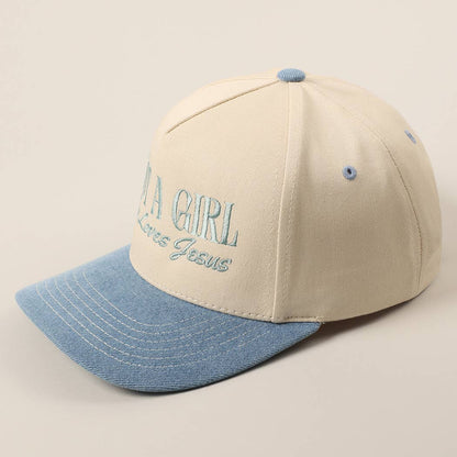 Just A Girl Who Loves Jesus Embroidery Trucker Hat: Light Denim